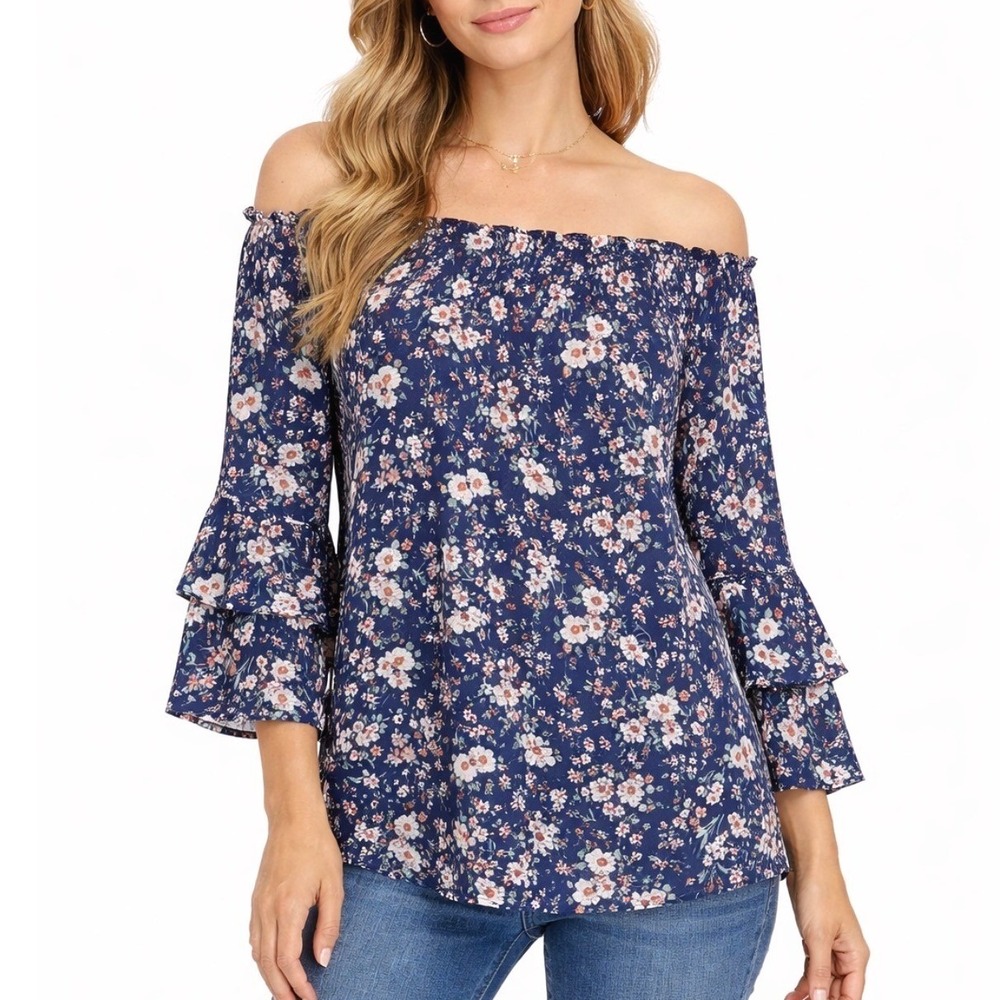 Apt.‎ 9 Womens Navy Floral Mesh Off the Shoulder Tiered Ruffle Sleeve Top Small